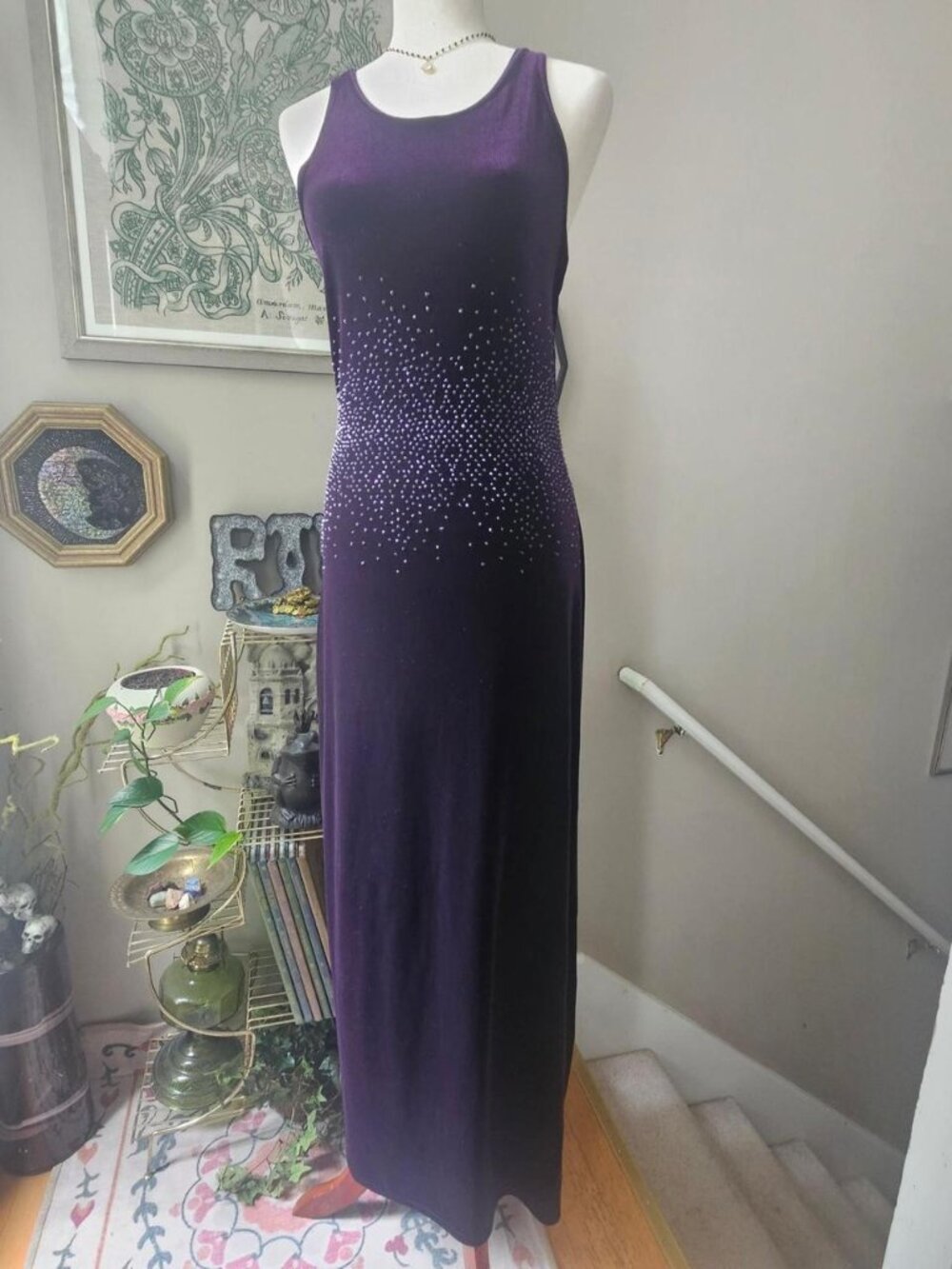 Byer Too! Sz Large Semi Formal Maxi Dress Deep Purple Velvet, Glitter, Crossback